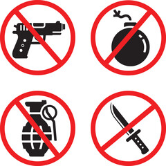 Banned weapons safety prohibition icon set showing gun knife bomb and grenade silhouettes for restricted areas public security enforcement