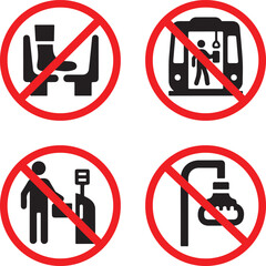 Banned public transport behavior prohibition icon set showing no fare evasion door blocking feet on seats and emergency misuse silhouettes
