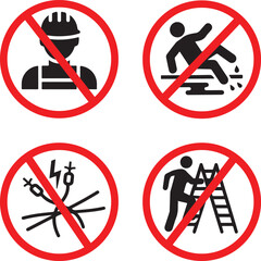 Banned workplace safety violations silhouette icon set showing no helmet slip hazard exposed wiring and unsafe ladder use symbols