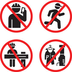 Banned workplace safety behavior prohibition icon set showing no phone use running loose clothing and unauthorized access silhouettes