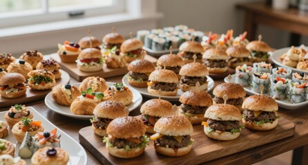 Assorted Mini Food Bites on Wooden Platters for Catering Event