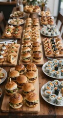 Delicious Catering Buffet Table with Mini Burgers and Sushi