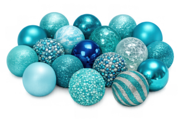 Teal and blue christmas ornaments collection for winter holiday decoration on transparent background