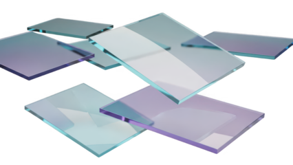 Multiple thin optical filters or dichroic glass plates with reflective coatings isolated on transparent background