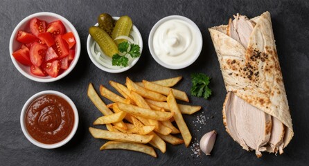 Delicious Shawarma Wrap with Fries, Tomatoes, Pickles and Sauces