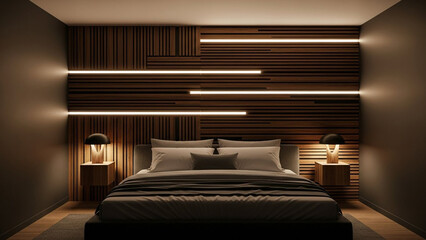 Dramatic dark bedroom interior featuring horizontal wooden wall panels with glowing light strips and luxury furniture for high end hotel suite design and modern master room aesthetic