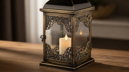 An ornate, antique-style decorative lantern crafted from distressed bronze metal with intricate scrollwork and clear glass panels, elegantly standing on a dark wooden table, casting a warm and