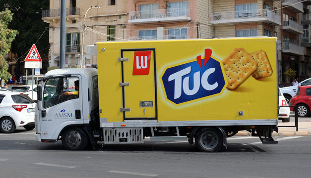 SLIEMA MALTA 09 14 2024: Truck of TUC is a brand of salted octagonal golden-yellow crackers, comparable in taste to Ritz crackers. The TUC brand originated in Belgium and belonged to French company LU