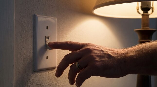 Hand flipping light switch on wall with lamp glowing brightly