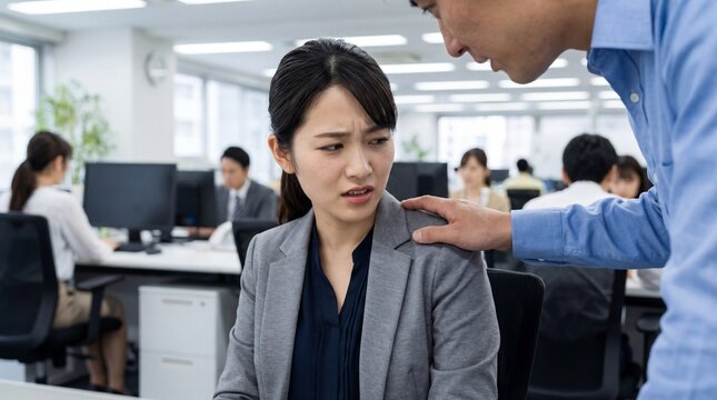 Man comforting stressed businesswoman in modern office setting - Powered by Adobe