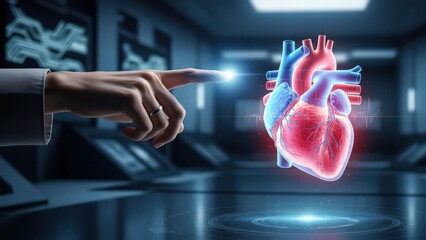 Medical professionals hand interacting with a holographic human heart display in a futuristic laboratory setting