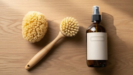 Natural and eco-friendly cleaning brushes made from wood and fibers are neatly arranged next to an amber spray bottle on a light wooden surface.