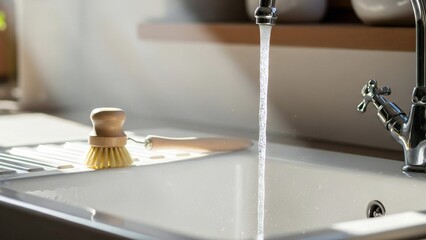 A strong stream of fresh water gushes from a modern chrome faucet into a sleek white kitchen sink.
