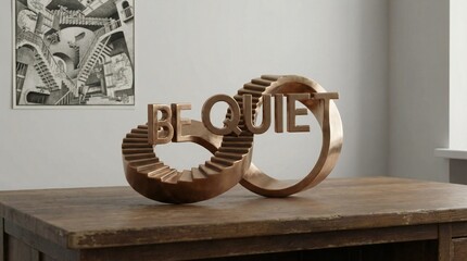 A unique three-dimensional brass sculpture spelling "BE QUIET" in an infinity loop design rests on a rustic wooden table.