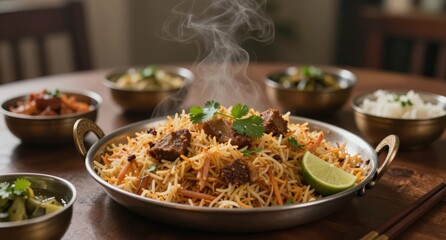 Delicious Biryani Rice Dish Served in Traditional Metal Pan