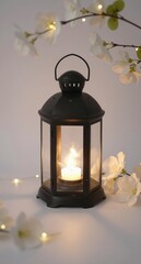 Vintage Lantern with Candle and White Flowers Cozy Home Decor