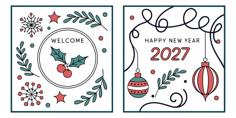 Happy New Year 2027 &ndash; Wreath Welcome & Ornament Swirl Holiday Greeting