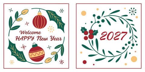 Happy New Year 2027 &ndash; Wreath, Ornaments & Festive Greeting with Holly and Snowflakes