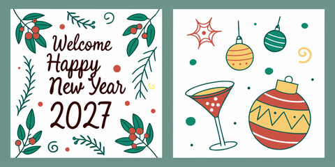 Happy New Year 2027 &ndash; Festive Greeting with Holly, Ornaments & Celebration Icons