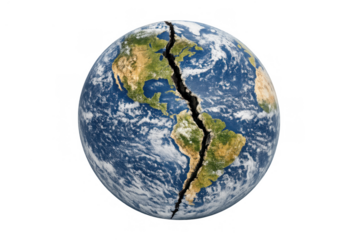 World globe with a large crack, representing the urgent issues of climate change, pollution, and planetary stress