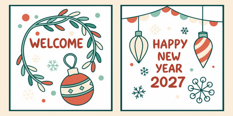 Happy New Year 2027 &ndash; Wreath Welcome & Hanging Ornament Celebration Design