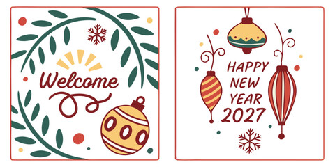Happy New Year 2027 &ndash; Wreath Welcome & Hanging Ornament Celebration Card