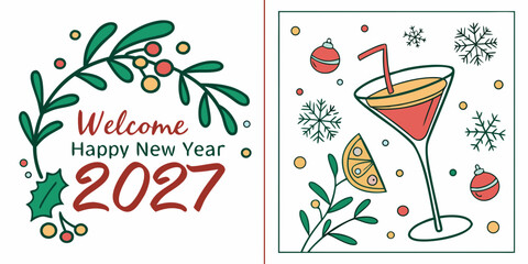 Happy New Year 2027 &ndash; Festive Greeting with Leaves, Ornaments & Citrus Cocktail Celebration