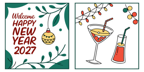 Happy New Year 2027 &ndash; Festive Greeting with Ornaments, Leaves & Celebration Cocktails Under String Lights