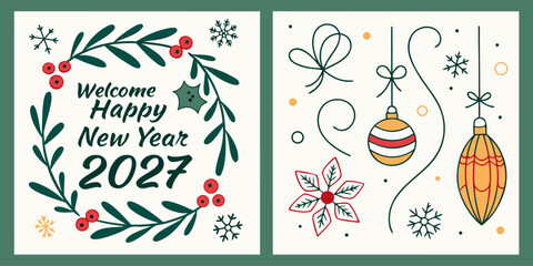Happy New Year 2027 &ndash; Wreath Greeting with Ornaments, Ribbon & Festive Floral Accents