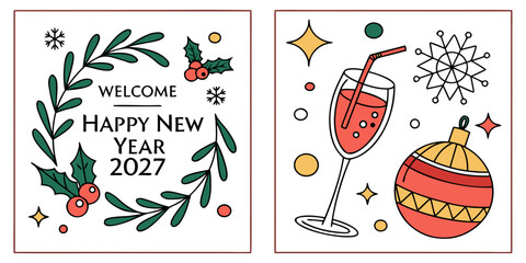 Happy New Year 2027 &ndash; Wreath Greeting with Holly, Cocktail & Festive Ornament Accents