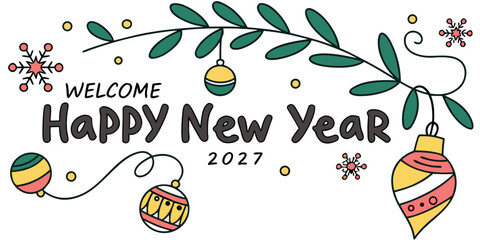 Happy New Year 2027 &ndash; Wreath Welcome with Party Hats, Confetti & Festive Celebration Icons