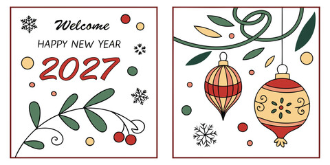 Happy New Year 2027 &ndash; Festive Greeting with Ornaments, Snowflakes & Decorative Berry Branches