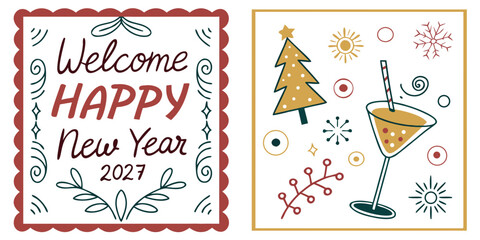 2027 New Year Greeting Card Vector &ndash; Stylized Tree, Cocktail Glass, Snowflakes, Stars, and Festive Typography in Dual Panel Design