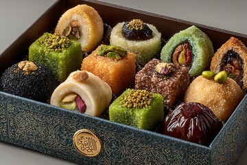 Assorted traditional Middle Eastern sweets in decorative box