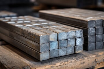 工場の木製パレットに積み重ねられた金属棒