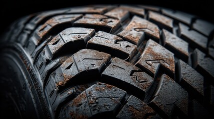 Close-up of tire tread pattern isolated on white background, designed for wet and dry driving conditions