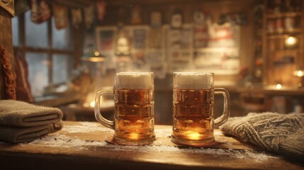 Warm drinks sit on a wooden table in a rustic bar during a winter evening