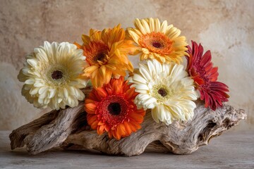 暖かい色と質感を持つ木の上に配置された花