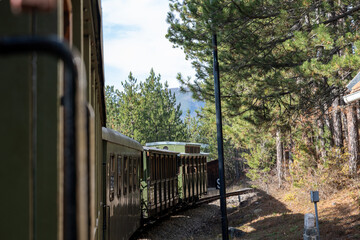 Photograph taken from the side of an old-style train car, showcasing railroad tracks leading through a forested landscape with deciduous and evergreen trees. 