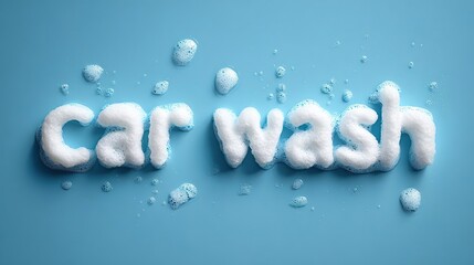 mock up with inscription "Car Wash" written in thick soapy foam on a blue background. Banner with copy space for car service and maintenance automobile