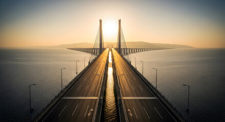 Symmetrical Cable-Stayed Bridge Spanning Vast Water at Sunrise o
