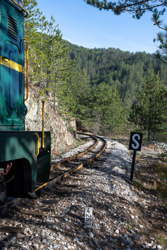 A scenic view from a vintage train window looking down parallel railroad tracks bordered by autumn leaves and tall pine trees under a clear blue sky. 