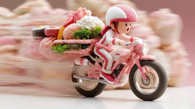 Tiny rider on a decorative pink motorbike swiftly delivers an assortment of colorful culinary treats. Express takeout service for delectable sugary desserts, moving fast.