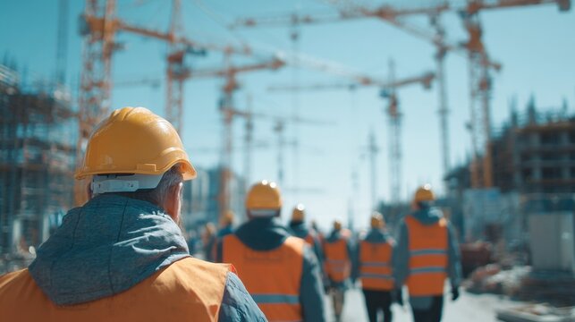 Construction workers walk at a building site under clear sky while cranes are present in the background