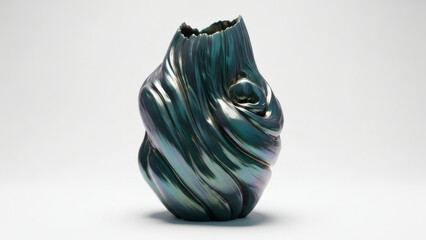 Unique iridescent ceramic vase with a swirling, abstract, and modern design