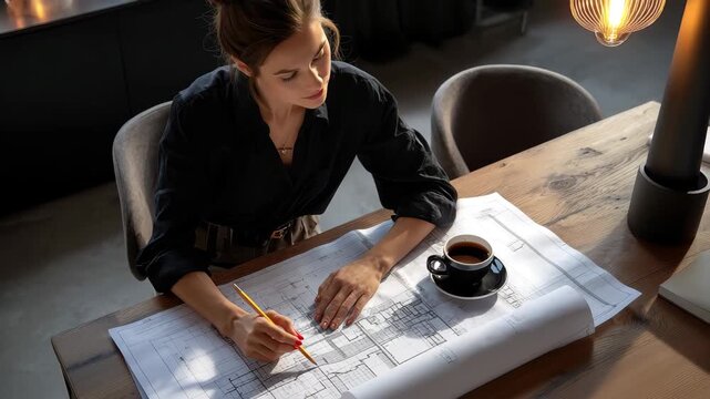 Engineer analyzing architectural plans while drafting details at a modern workspace with coffee