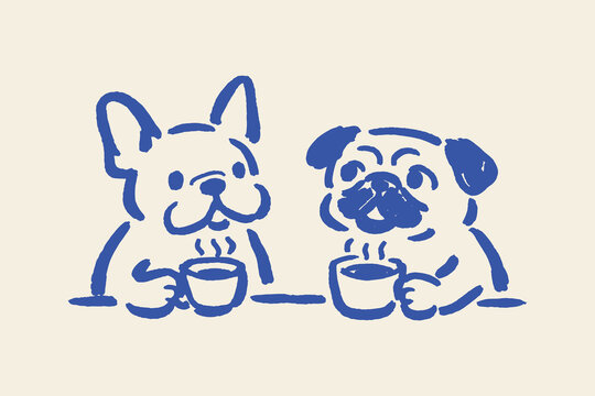 Dogs drinking coffee doodle line art vector illustration