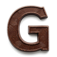 Extreme macro photograph of a capital letter G made of dark chocolate, isolated on white, showcasing hyper-detailed texture and studio lighting, with copy space