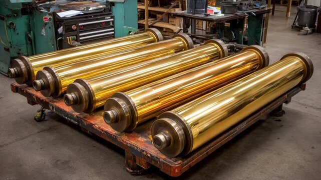 Medium shot of brass sheets undergoing cold rolling highlighting improved hardness and uniform thickness in an industrial setting
