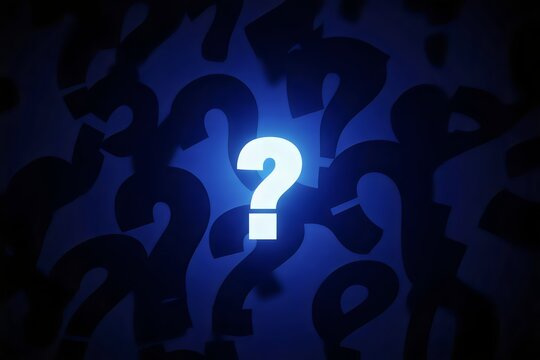 Glowing question mark surrounded by dark blue question marks - Powered by Adobe